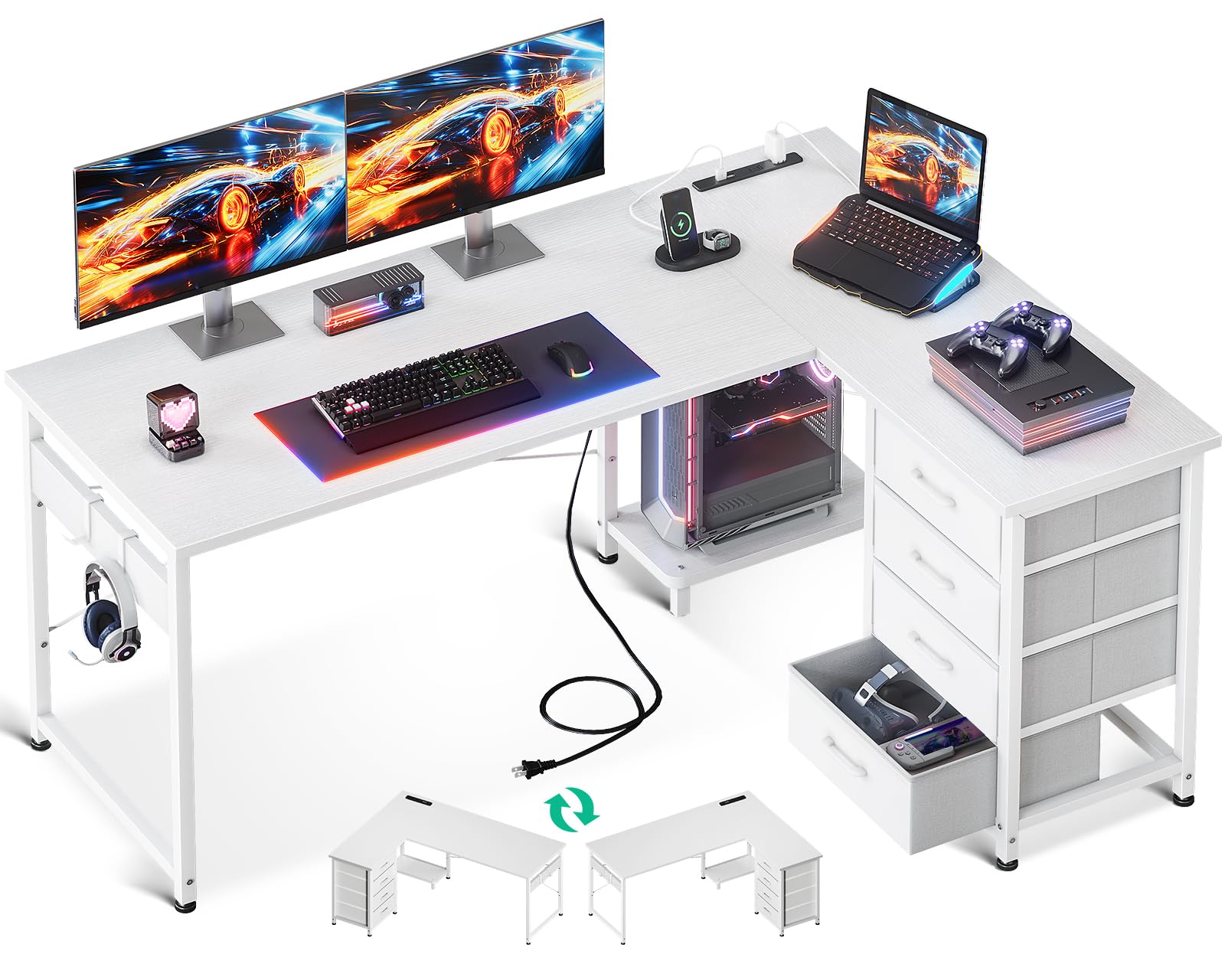 AODK ゲーミングデスク 引き出し付き パソコンデスク コンセント付き l字デスク デスク 机 幅135*100 pcデスク 棚付き desk 収納 オフィスデスク 仕事用 在宅勤務 組立簡単 ホワイト｜Maison Outre
