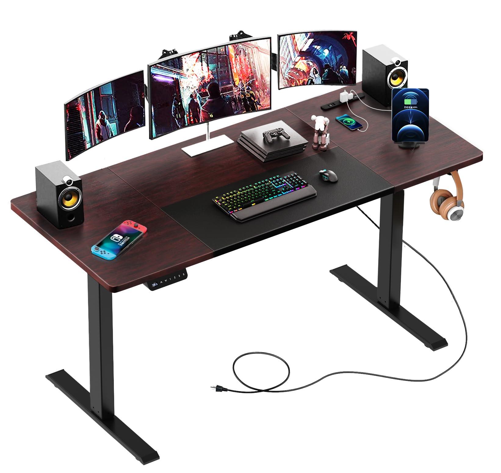 COMHOMA パソコンデスク 昇降式 電動 ゲーミングデスク pcデスク スタンディングデスク 作業机 オフィスデスク マルチ電源タップ付き モニターアーム取付可能 上下 安定自動昇降 収納フック付き 幅120CM×奥行き60CM×高さ72~114CM |Maison Outre