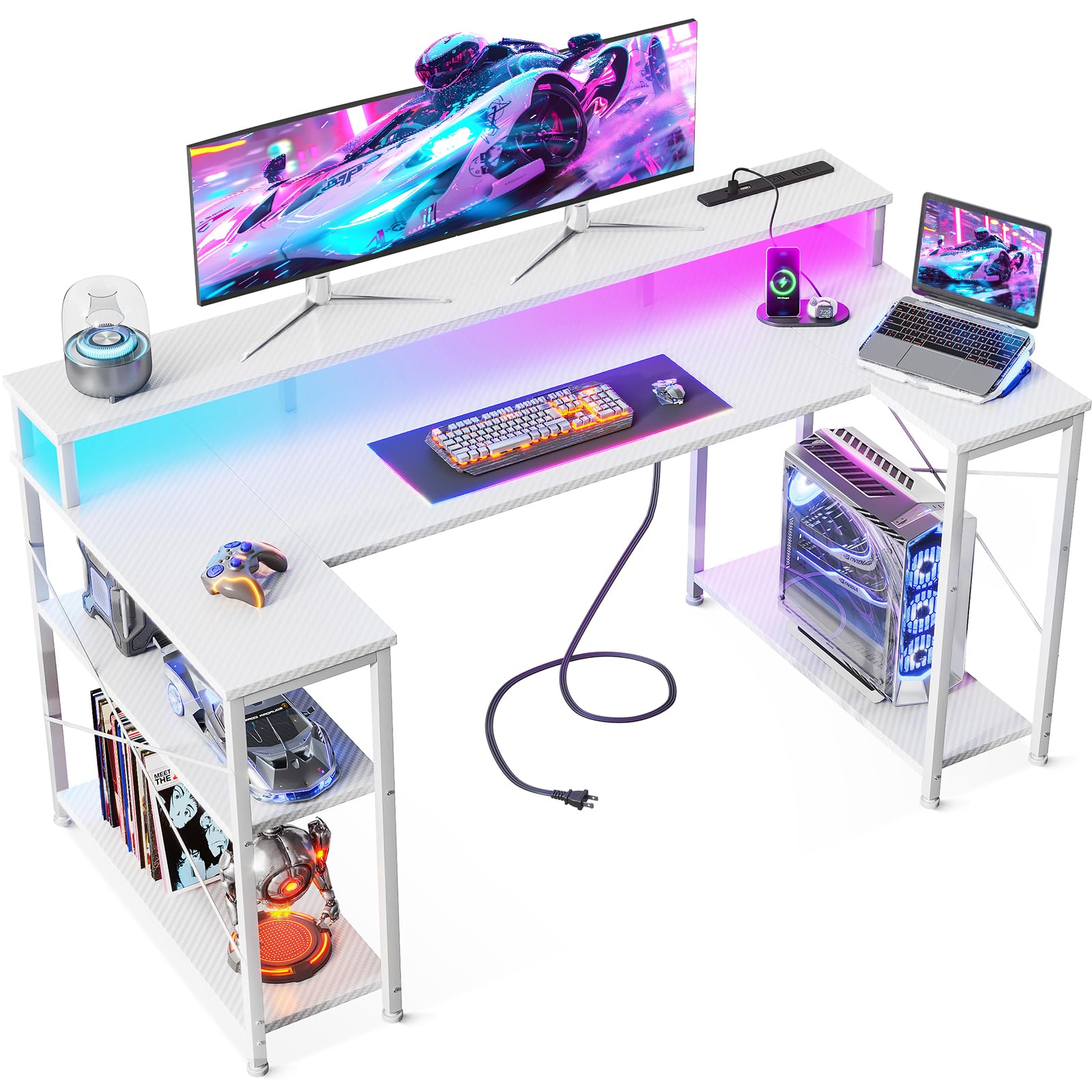 AODK ゲーミングデスク ゲームデスク パソコンデスク U字型 幅120cm 両側ラック&コンセント付き 机 pcデスク gaming desk ゲーミングテーブル LED&モニター台付き 左右入れ替え対応 おしゃれ カーボン調ホワイト｜Maison Outre