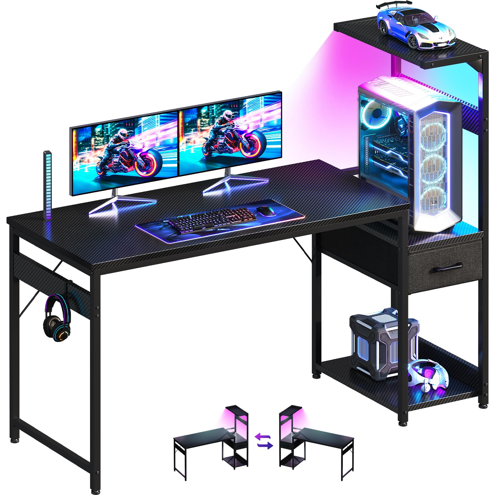 AODK ゲーミングデスク パソコンデスク LED付き 幅140cm(約 ) 机 pcデスク gaming desk 引き出し&棚付き ゲーミングテーブル ゲームデスク フック付き 左右入れ替え対応 カーボン調ブラック|Maison Outre