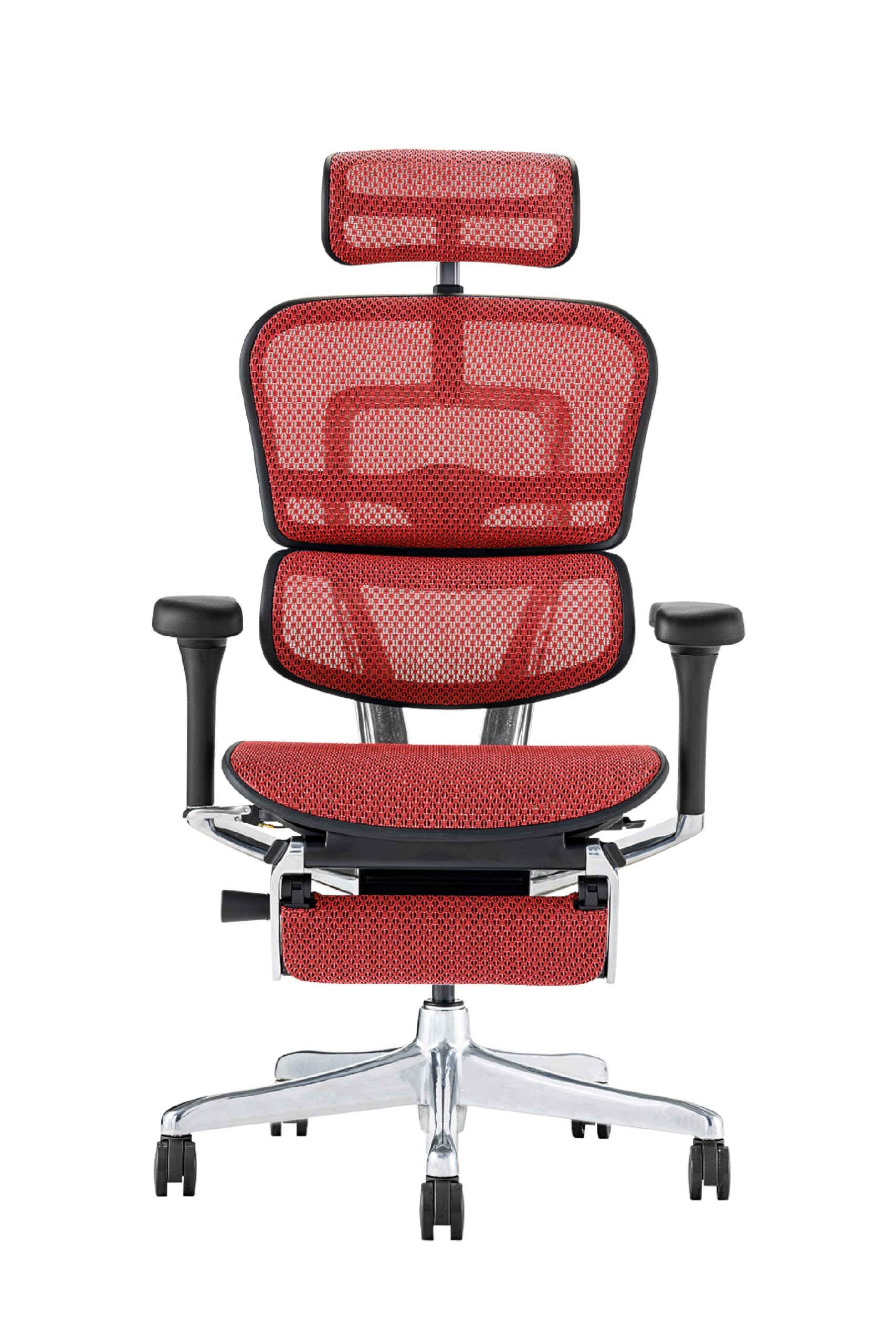 エルゴヒューマン2(Ergohuman2) オフィスチェア ヘッドレスト付き オットマン内蔵 昇降式 メモリーロッキング機能付き エラストリックメッシュ PUキャスター プロ オットマン フレーム:ブラック メッシュ:レッド EHP2-LPL-DR-BF-|Maison Outre