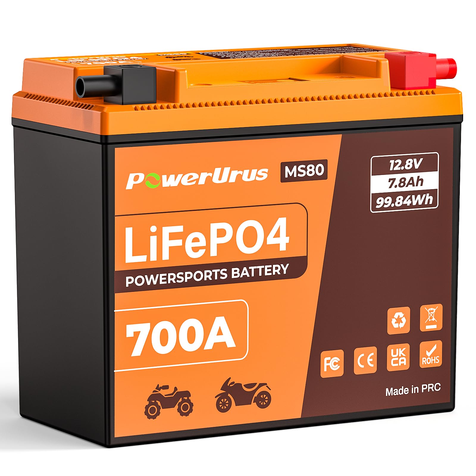 PowerUrus MS80 LiFePO4 バイクバッテリー 12V 7.8Ah 700A始動電流 超軽量1.41kg|リン酸鉄リチウム スマートBMS 9重保護 YTX20-BS/YTX20H-BS/YB16L-B/YTX24HL-BS互換 IP66防|Maison Outre
