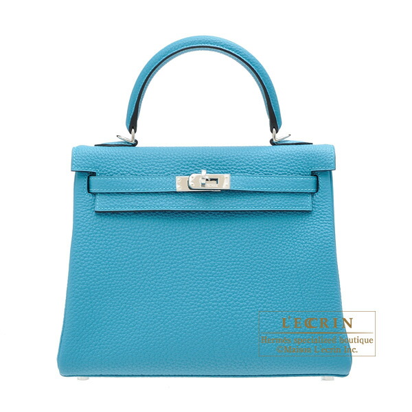 Hermes kelly Bag 25 retourne turquoise Blue togo Leather silver Hardware