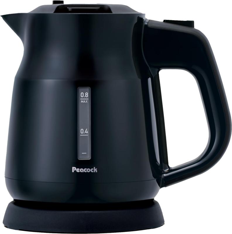 ピーコック魔法瓶 電気ケトル 800ml 小型 こぼれにくい 転倒湯漏れ防止機能 熱湯 湯沸かし ケトル 上ふた着脱式 ロック機能 空焚き防止 ブラック WGK-08 B
