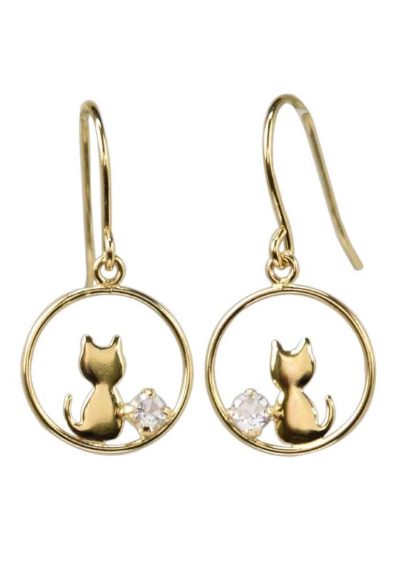[四葉のクローバー] アクアマリン 猫 フックピアス 10金 10k K10 イエローゴールド 3月 誕生石 ねこ ネコ ピアス キャット レディース 女性：Ma710
