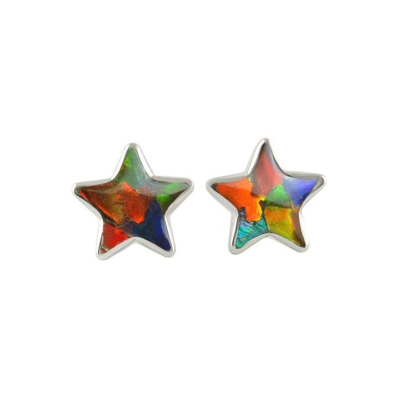 Starborn 虹色に輝くアンモライト / 星の形の一粒ピアス / スターリング・シルバー（Silver925）