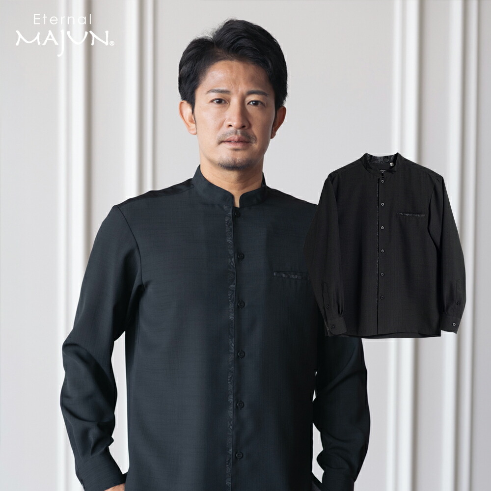 かりゆしウェア 日本製 沖縄 かりゆし シャツ 長袖 マオカラー 喪服 黒 ブラック アロハシャツ アロハ MAJUN マジュン majun ギフト プレゼント 燕に牡丹 L/S（マオカラー）｜MAJUN（マジュン）店