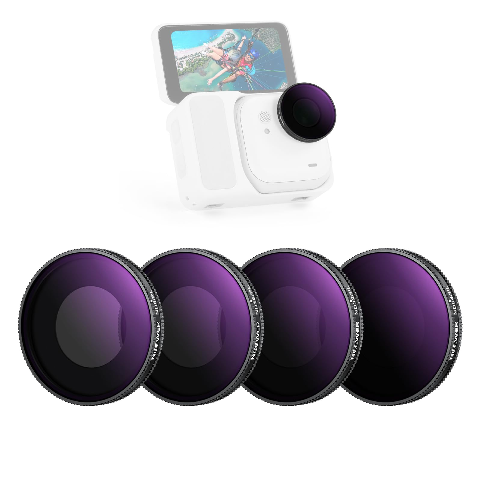 NEEWER 偏光NDフィルターセット 4枚入り ND8/PL+ND16/PL+ND32/PL+ND64/PL コンパチブル GO Ultra ねじ込み式 減光PLレンズフィルター HD光学ガラス アクションカメラアクセサリー FL-C52