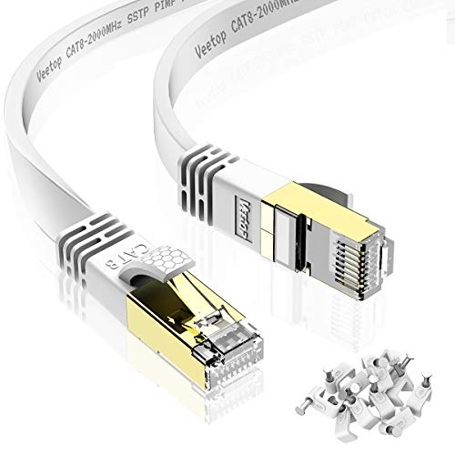 30m Veetop LANケーブル フラット CAT8 カテゴリ8 二重シールド 企業用 工業用 防水 屋外 難燃性 耐候性 有線らんけーぶる 鍍金コネクタ RJ45 爪折れ防止 超高速 最大40Gbps 2000MHz 26AWG パソコン ルーター