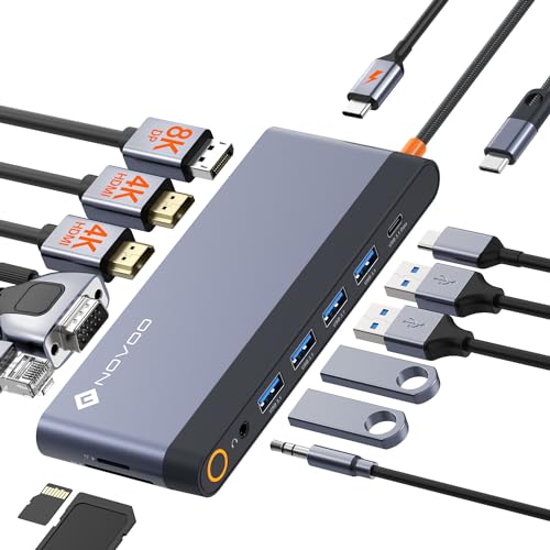 USB C ドッキングステーション 8K@30Hz 4画面モード 14-in-1 デュアル 4K@60Hz NOVOO USB C HDMI ハブ【DP+2 HDMI+VGA+4 USB+USB C 5Gbps+PD 100W急速充電+SD+TF+RJ45