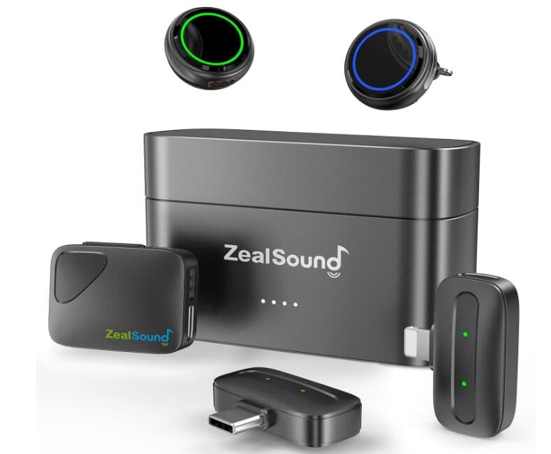 ZealSound ピンマイク ワイヤレス - 3 TX + 2 RX + 充電ケース、USB-C/Lightning/カメラ、iPhone/Android/PC用ワイヤレスマイク、瞬時接続、ノイズキャンセリング、40時間使用、48Khz/24Bit、超小