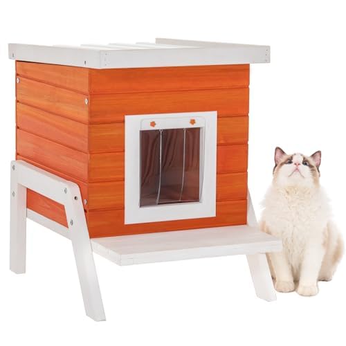 Petsfit 外猫ハウス 野良猫 四季対応 杉木製の屋外用猫小屋 防湿構造 逃げ道付き PVC屋根排水 防風・防寒・防雨・日射し遮蔽 通気性 簡単組立