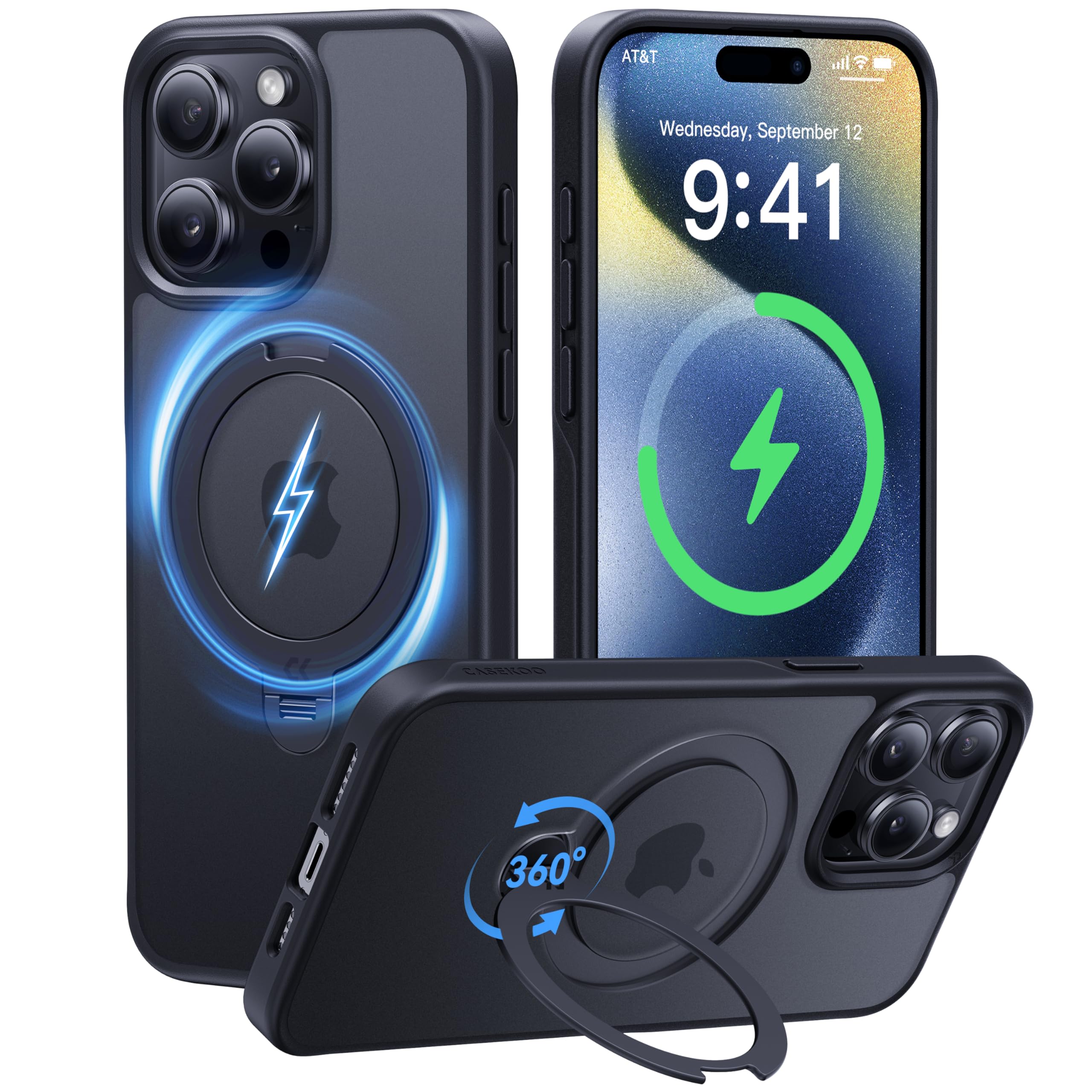 【2024最高傑作&定点360度回転】CASEKOO iPhone 15 Pro 用 ケース 超強磁力 MagSafe対応 米軍MIL規格 耐衝撃 高耐久性 【横縦両立・角度調整】指紋防止/マット仕上げ/黄変防止/薄型半透明 いphone15pro ケース