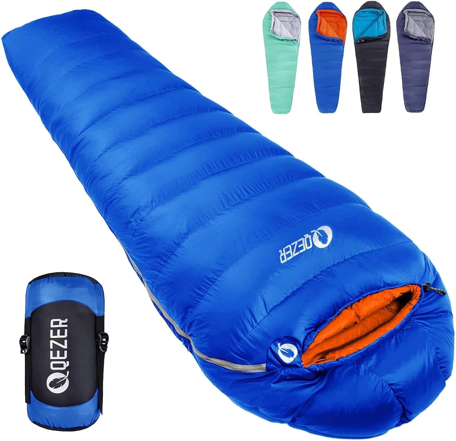 QEZER シュラフ 冬用 ダウン 寝袋 マミー型 羽毛寝袋 500g・1500g充填 コンパクト 600FP高級ダウン 400T撥水加工 2人用に連結可能 アウトドア キャンプ 登山 車中泊 防災用
