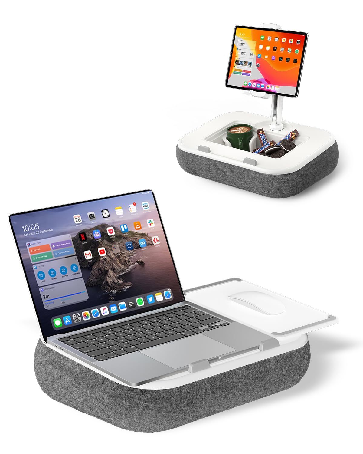 viozon 膝上テーブル 2WAYクッションテーブル 15インチ以内ノートPC対応 マグネット式マウスパッド クイックリリースタブレットアーム 4.7~13インチスマホ/タブレット対応 取り外し式シリコンカップホルダー 収納スペース付き 寝ながらパソコン