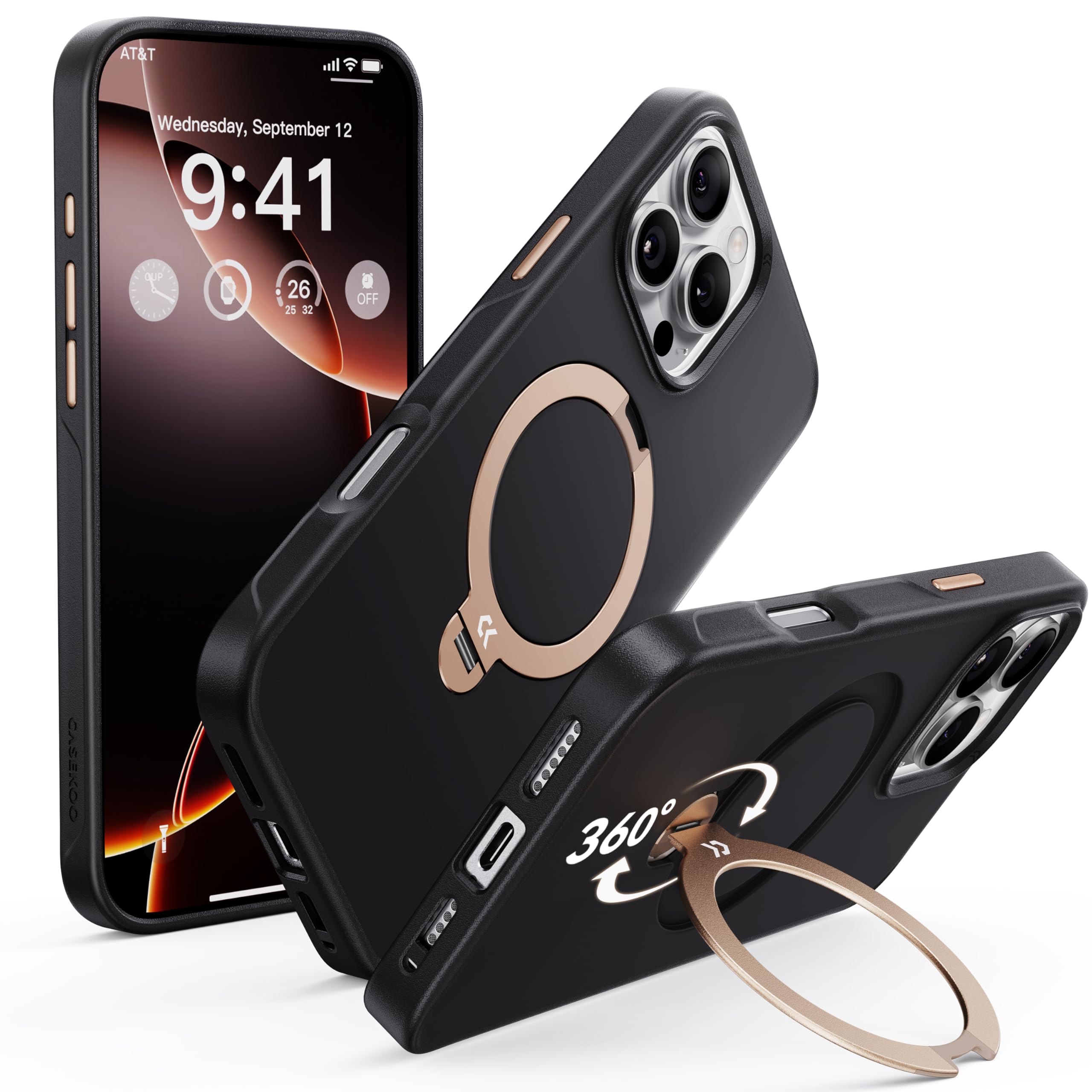【2025新登場・機能美の極み】CASEKOO iPhone 16 Pro 用 ケース 360度回転スタンド 横縦両立 耐衝撃 MagSafe対応 滑り止め マット仕上げ 黄変防止 ワイヤレス充電対応 ストラップホール付き いphone16pro 用ケース