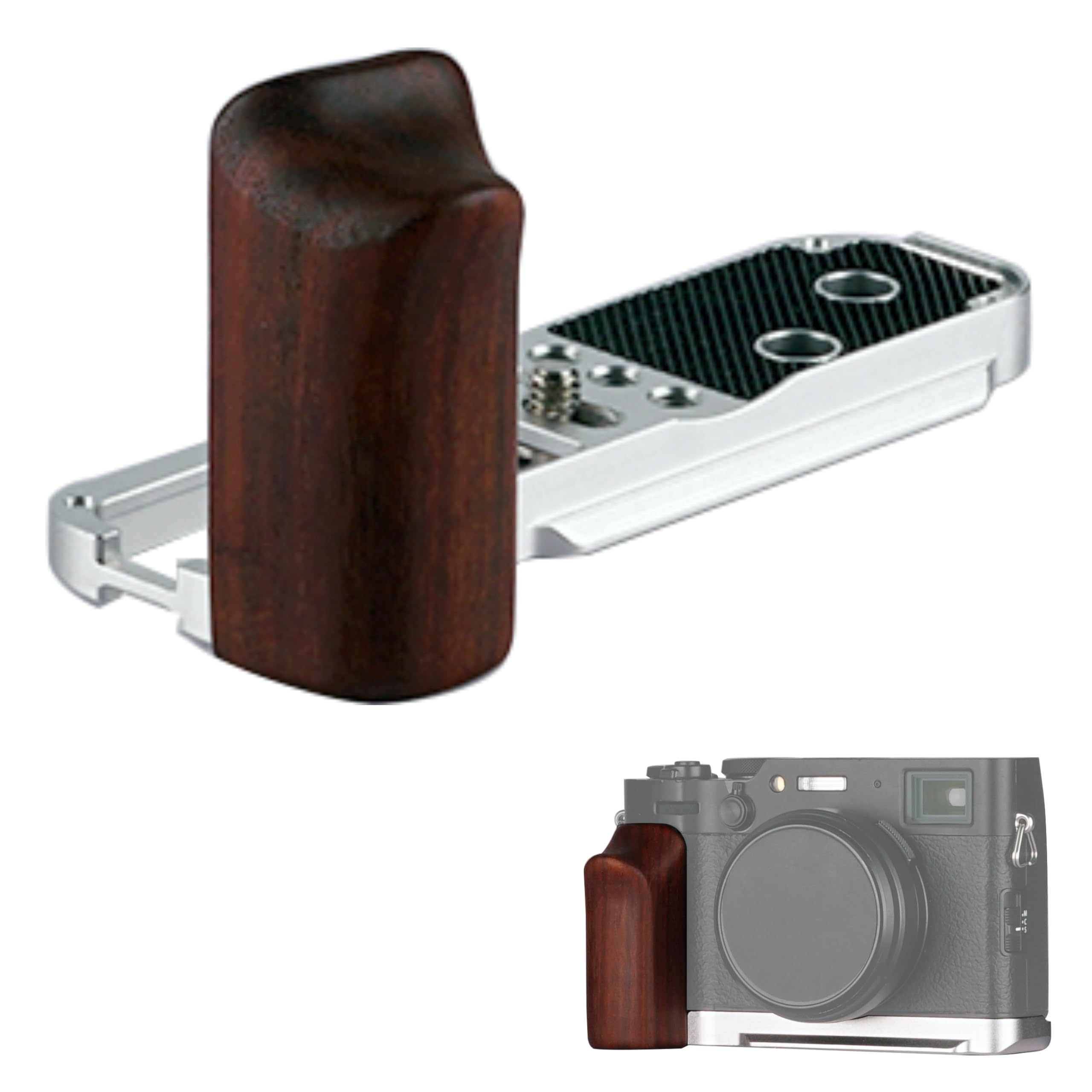 WEPOTO X100VI / X100V 手持ちグリップ L字型グリップ、アラカス用クイックリリースプレート付、ウッドサイドハンドル、FUJIFILM X100VI / X101V カメラに適合 (銀ベース/赤いサンダルウッド)