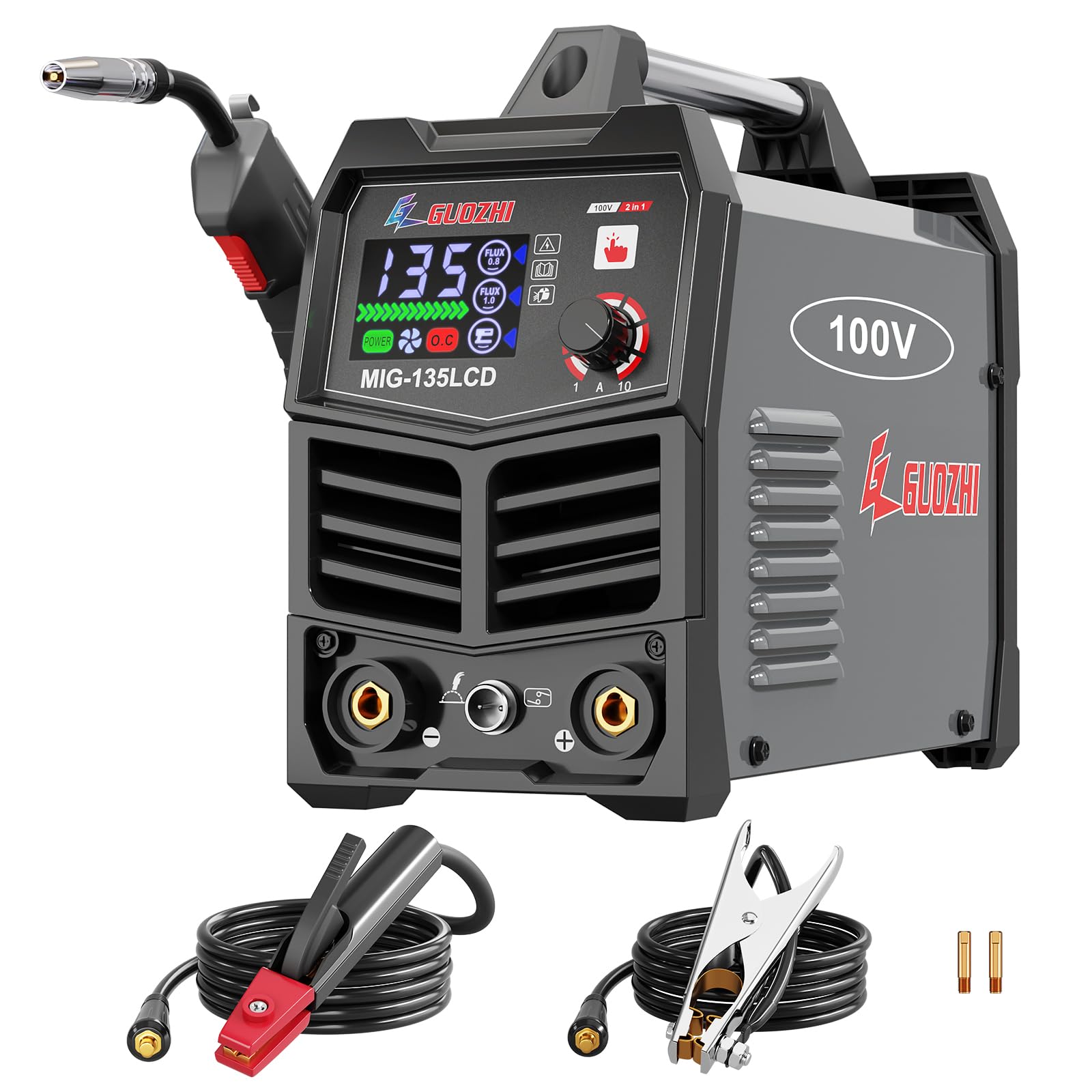 GZ GUOZHI 溶接機 100v 半自動 アーク溶接 ノンガスワイヤー溶接 1台2役 インバーター直流 半自動溶接機 定格使用率60% 小型 軽量 家庭用 電気溶接機 MIG-135LCD