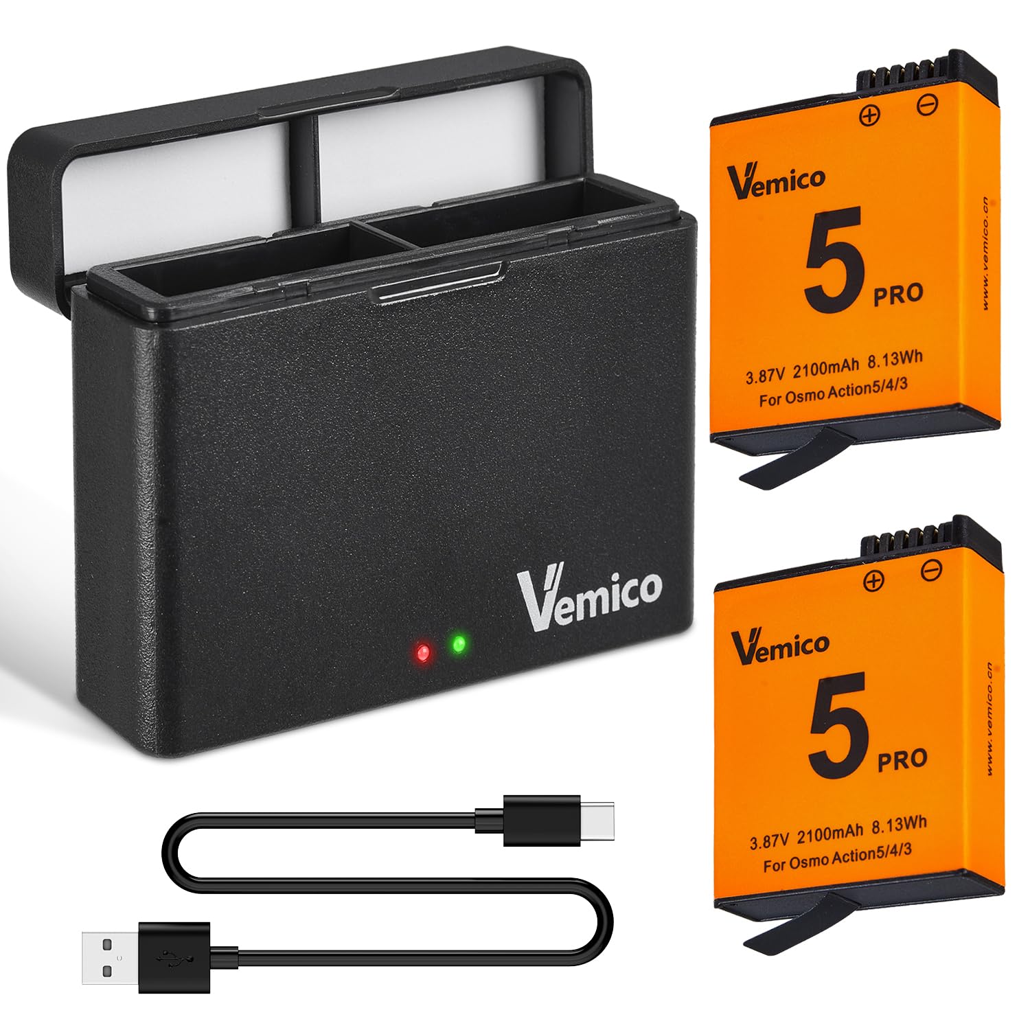 Vemico Osmo Action 5 Proバッテリー 2*2100mAh 互換バッテリー アクションカメラバッテリー Osmo Actionバッテリー LED充電器セット Type Cと Micro USB チャージャー 2個同時充電可能 オズモアク