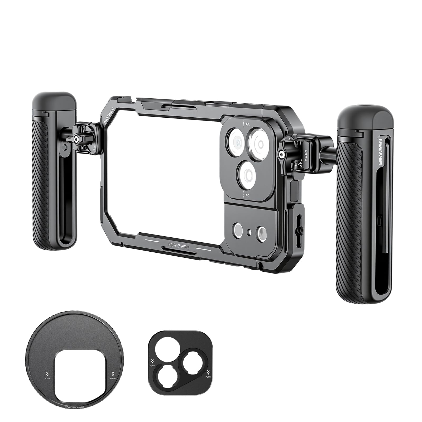 NEEWER スマホケージキット iPhone 17 Pro対応 ビデオリグスタビライザーアクセサリー 67mmフィルターリング/17mmレンズバックプレート/Tマウントアダプター/クイックリリースハンドル2個付き PA143(ブラック)