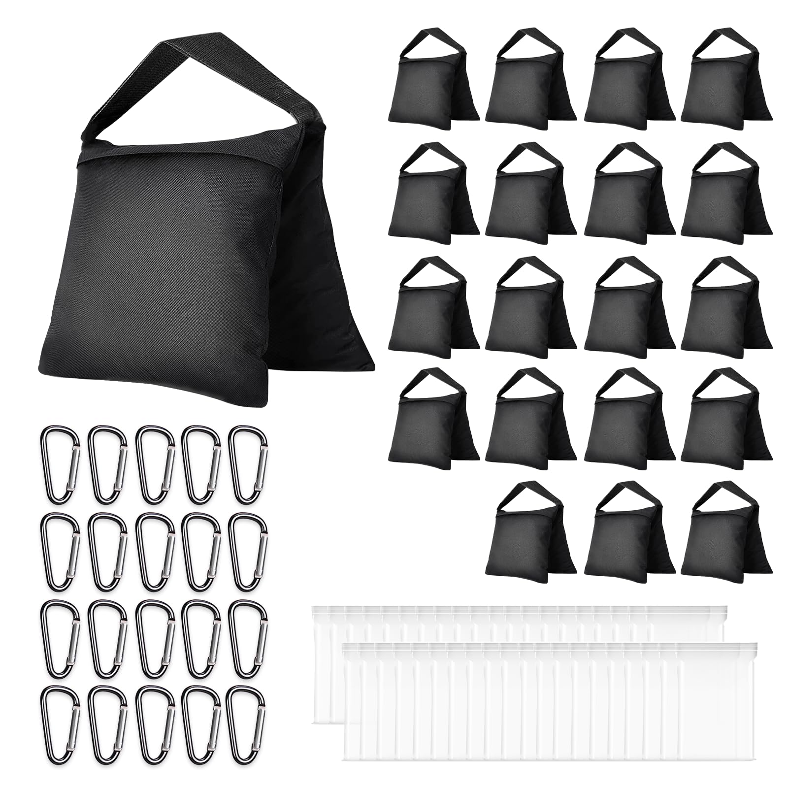 EMART サンドバッグスタジオ 砂袋 撮影用 三脚 耐荷重 安定用重し袋 万能 固定 転倒防止 重ね置き可能 ライトスタンド用砂袋 固定用重量袋 強固 透明なPVCバッグとクリップ付属 三脚アクセサリー 撮影 安定 黒- 20個