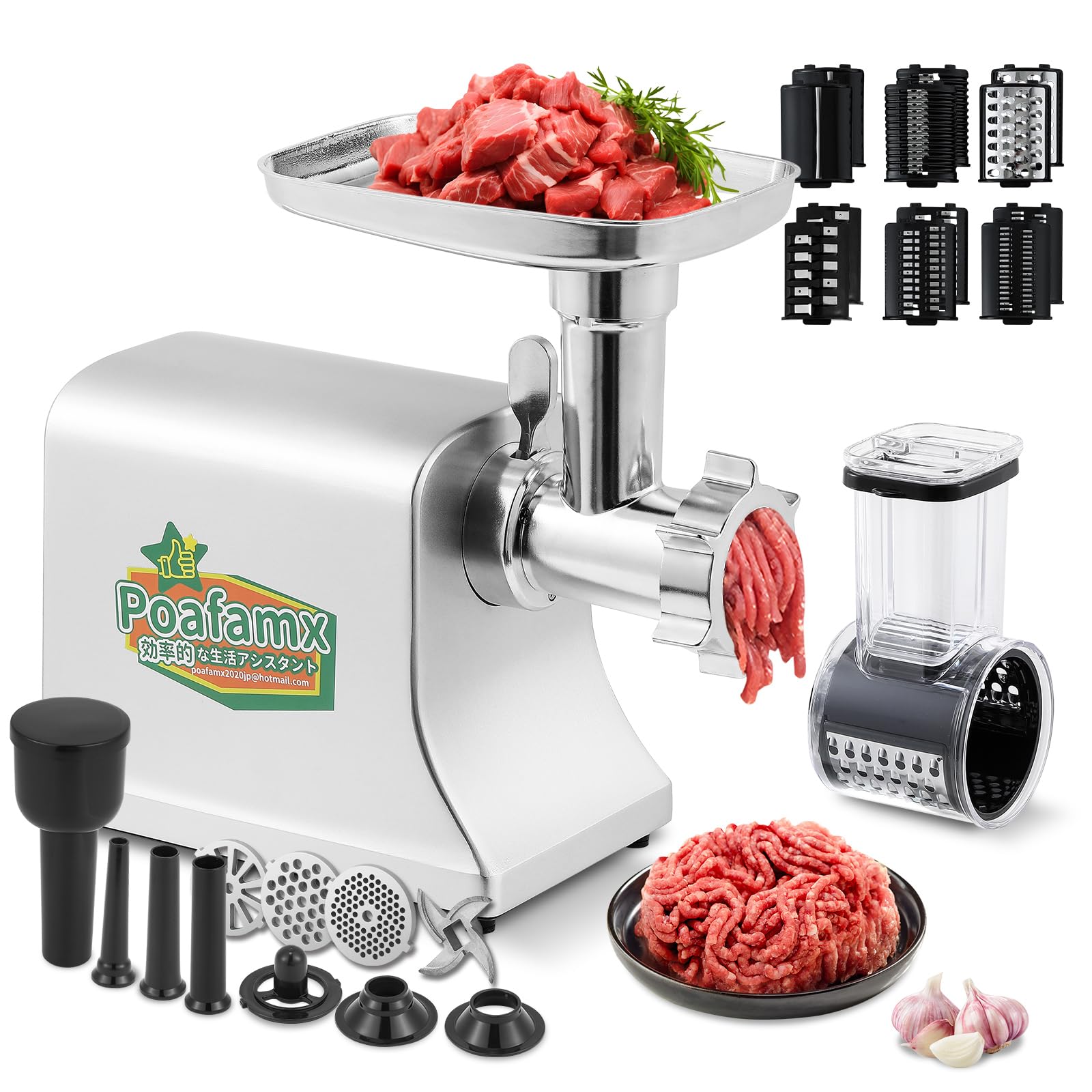 Poafamx 電動ミンサー500W 5/7ｍｍ/円盤型ブレード 野菜スライサー部品5つ付き 専用ポテトカッターブレード付き 直径1.4/1.8/2.2cmソーセージノズル/ミートローフ用部品付き ミンチ機 ひき肉機 肉挽き/腸詰め/みじん切り/野菜ひき/