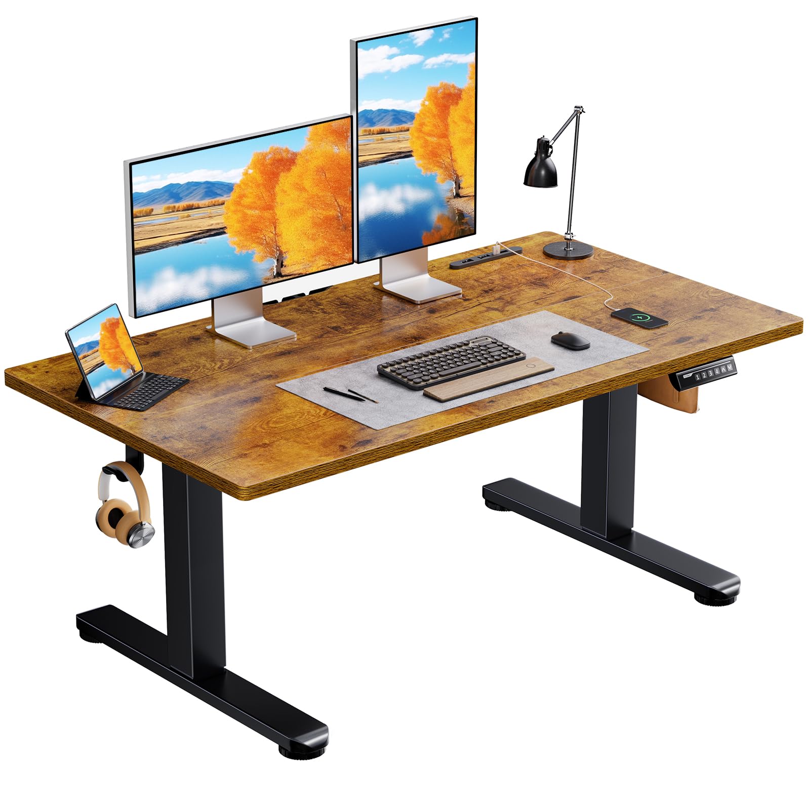 ErGear 電動 昇降式デスク ロータイプ 幅120cm コンセント&USBポート付き 高さメモリー機能 上下自動昇降 静音 収納フック付き 高さ調節 ローデスク pc パソコンデスク ゲーミングデスク 学習机【幅120 x 奥行き60 x 高さ48-7