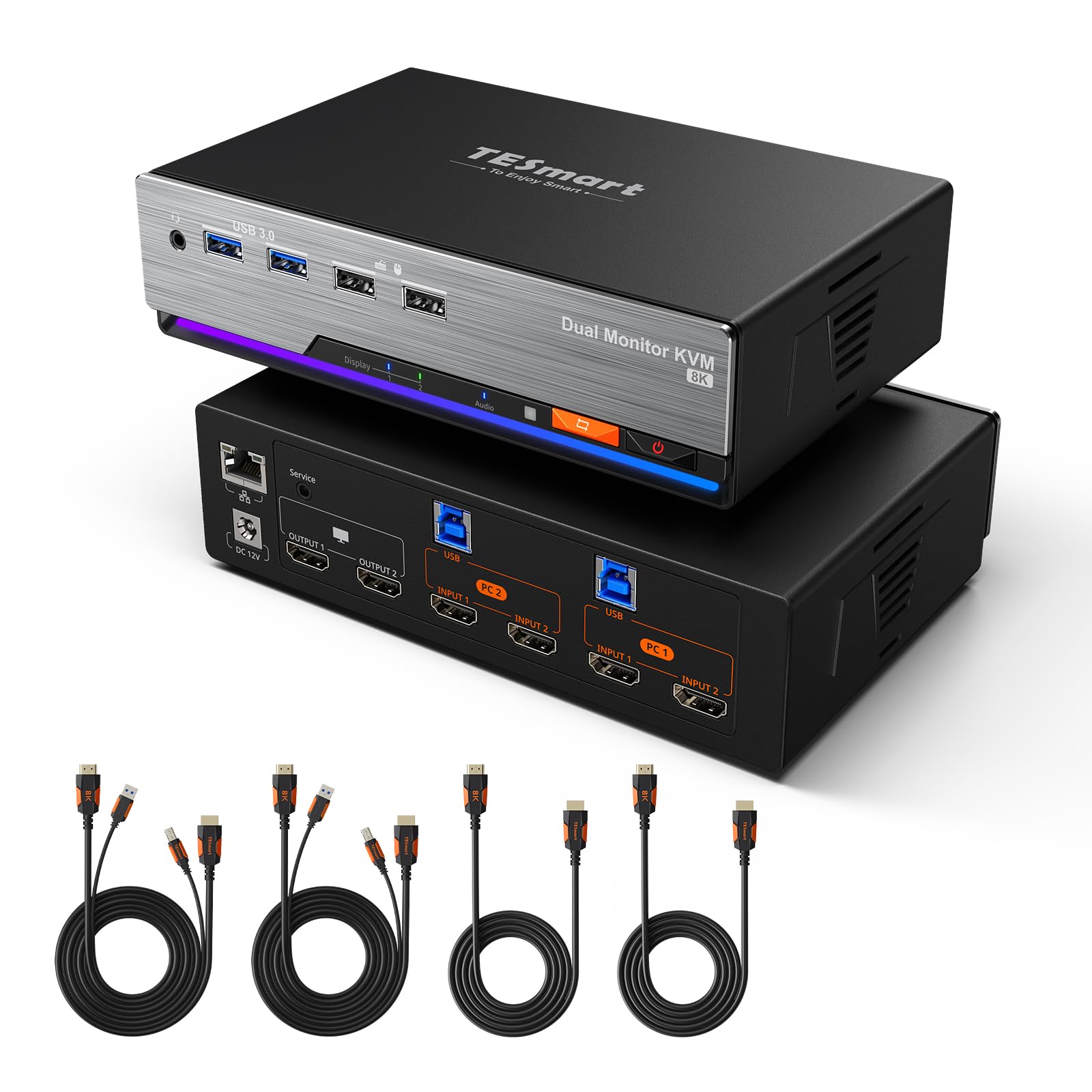 TESmart 8K@60Hz KVMスイッチ HDMI 2入力2出力 2台モニター2台パソコン用 USB3.0 デュアルモニターKVM切替器4K@144Hz EDID機能 充電機能 ギガビットネットワーク ホットキースイッチ オーディオ＆マイク HDCP