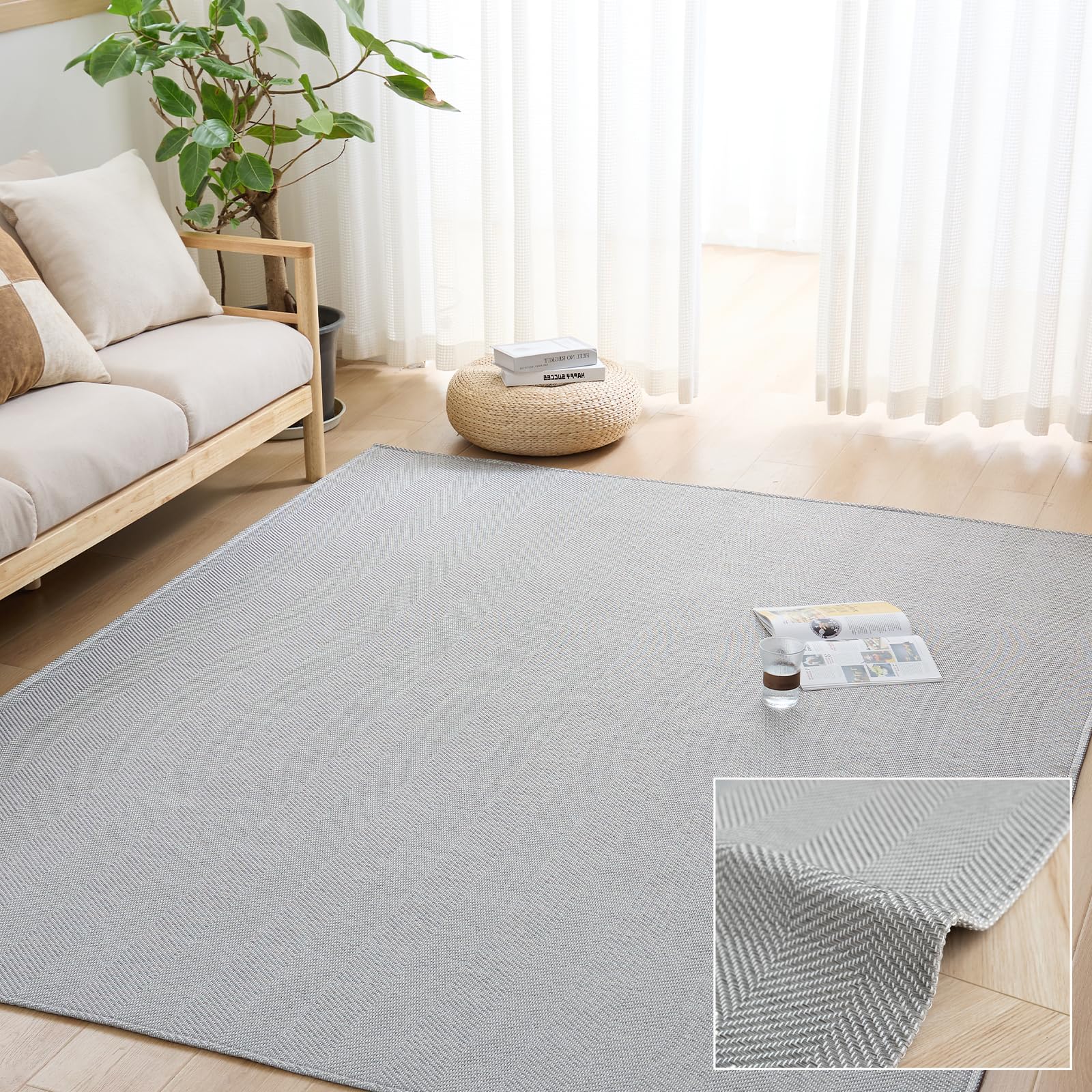 Sun Deco ラグ カーペット 2畳 185x185cm ラグマット ヘリンボーン柄 滑り止め 洗える 春 夏 リビングマット おしゃれ 北欧 オールシーズン快適 床保護 ホットカーペット対応 無地 グレー