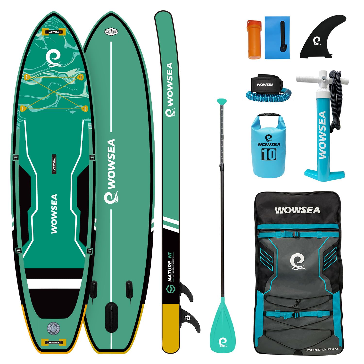 WOWSEA Nature N1 インフレータブルパドルボード 305cm長x 80cm幅x 15cm厚 耐久性のある安定レジャーSUPボード したツーリング ヨガiSUP ブルー