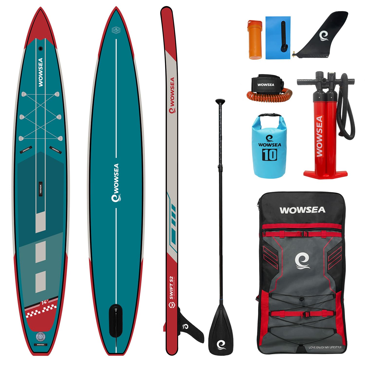 WOWSEA Swift S2 インフレータブルスタンドアップパドルボード、耐久性と安定性のあるSUPボード、カメラマウントを備えたスポーツ＆レーシングiSUP、水生運動やプロのプレーヤーに最適 (426cm 長い, グリーン)