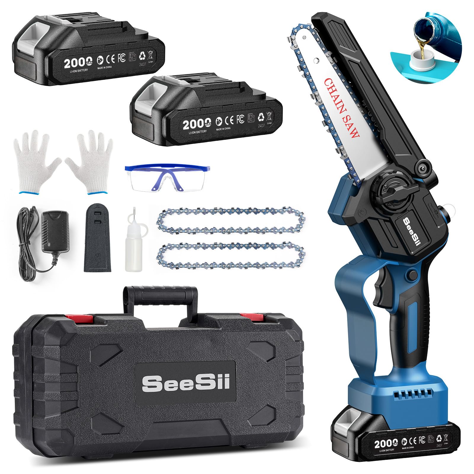 【2025新型】SEESII 電動チェーンソー 充電式 ハンディチェーンソー 小型 電動のこぎり 2個 2.0Ah大容量バッテリー搭載 給油可能 工具レスチェーン調整 コードレス 強力 片手 軽量 木工切断 枝切り 薪作り 園芸設備 庭木の剪定 竹を切る