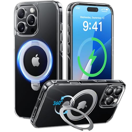 【透明な輝き＆360°回転スタンド】CASEKOO iPhone 16 Pro 用ケース クリア 米軍規格保護 フィット感 MagSafe対応 25W急速充電 横縦両立 角度自在 微調整 超強磁力 耐衝撃 高耐久性 ラップホール付き 真空メッキ レンズ保護