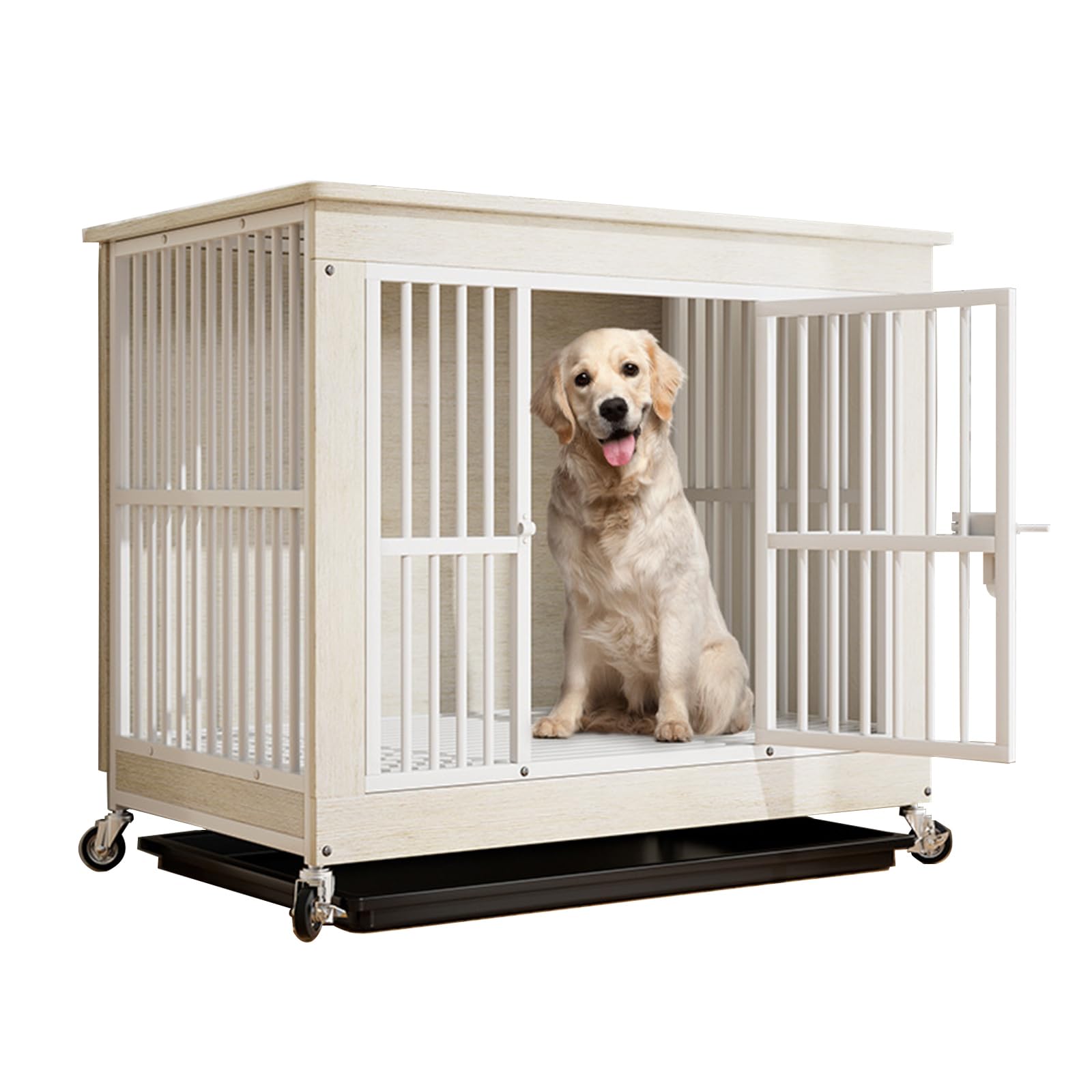 Fainyearn 犬ケージ 小型犬 屋根付き ウッディサークル 犬小屋 中型犬 キャスター付き 木製 トレー付き 幅 80×奥行52×高さ77cm(ホワイト, S)