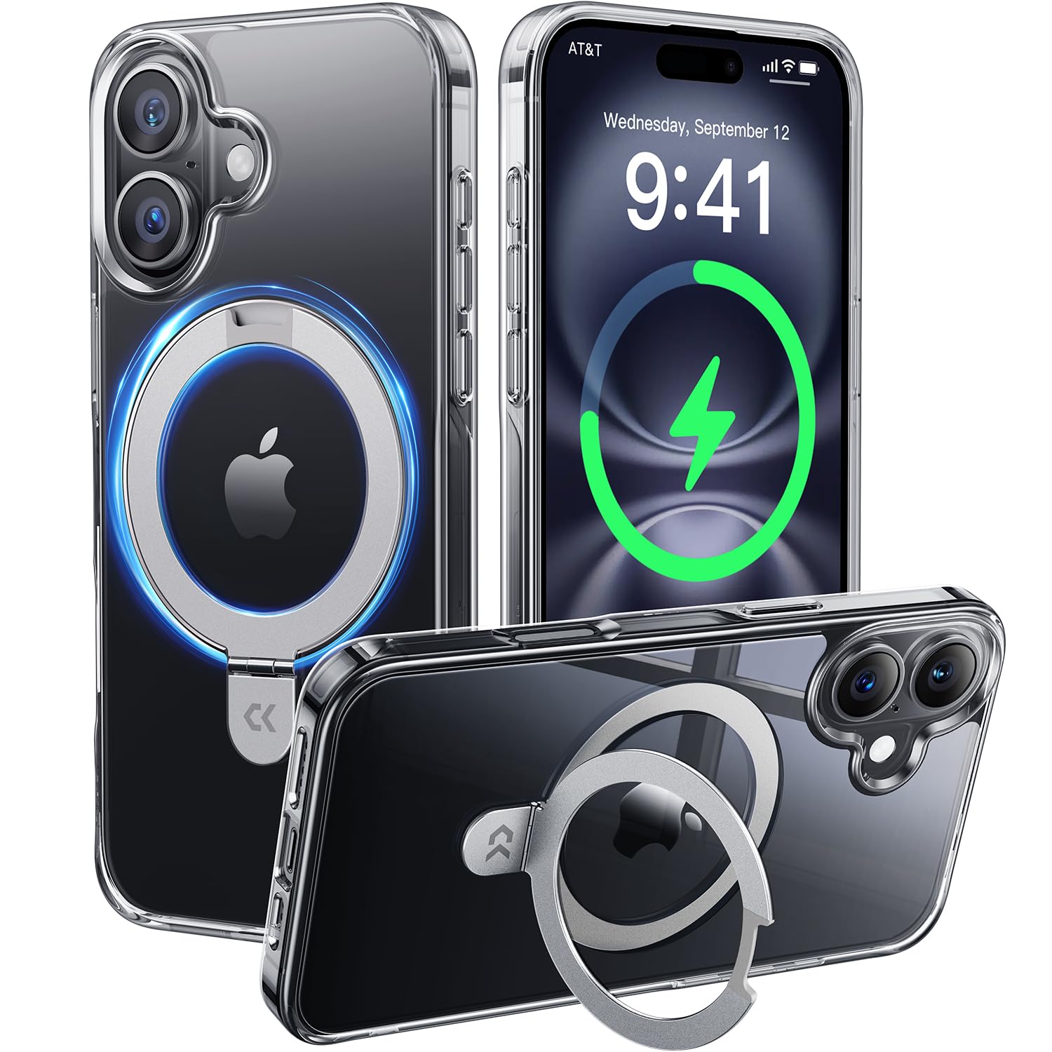 【極々透明感！内蔵4in1スタンド】CASEKOO iPhone 16 用ケース クリア 米軍規格保護 フィット感 MagSefe対応 25W急速充電 内蔵リング 横縦両立 角度調整 超強磁力 耐衝撃 ストラップホール付き 透明 黄変防止 ワイヤレス充電