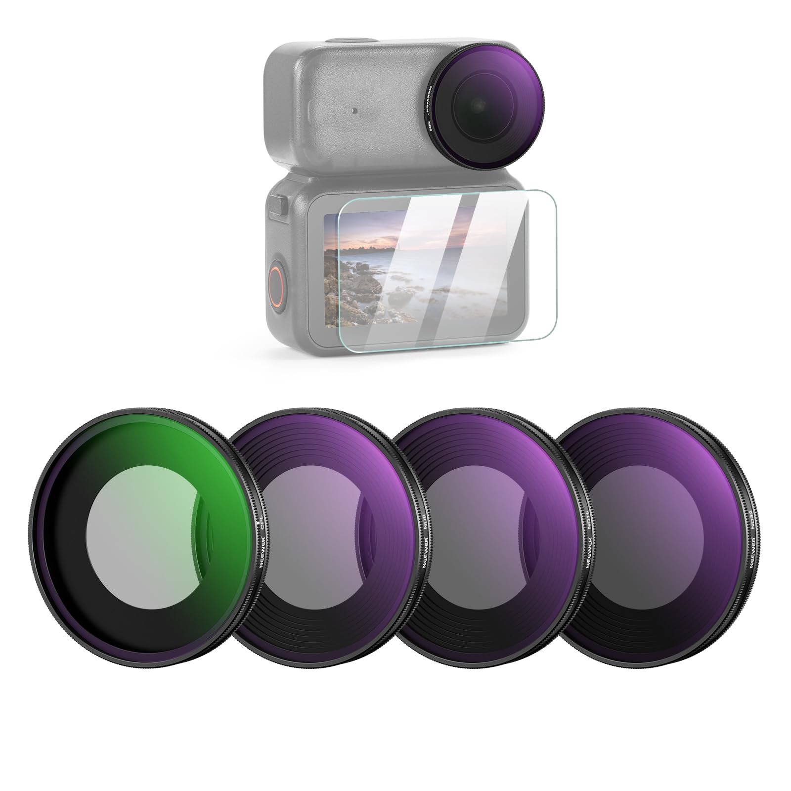NEEWER NDフィルターセット 4枚入り コンパチブル Osmo Nano ねじ込み式 ND8/16/32/CPL スクリーンプロテクター付き アクションカメラレンズ用 円偏光 減光フィルター マルチコート光学ガラス 写真アクセサリー