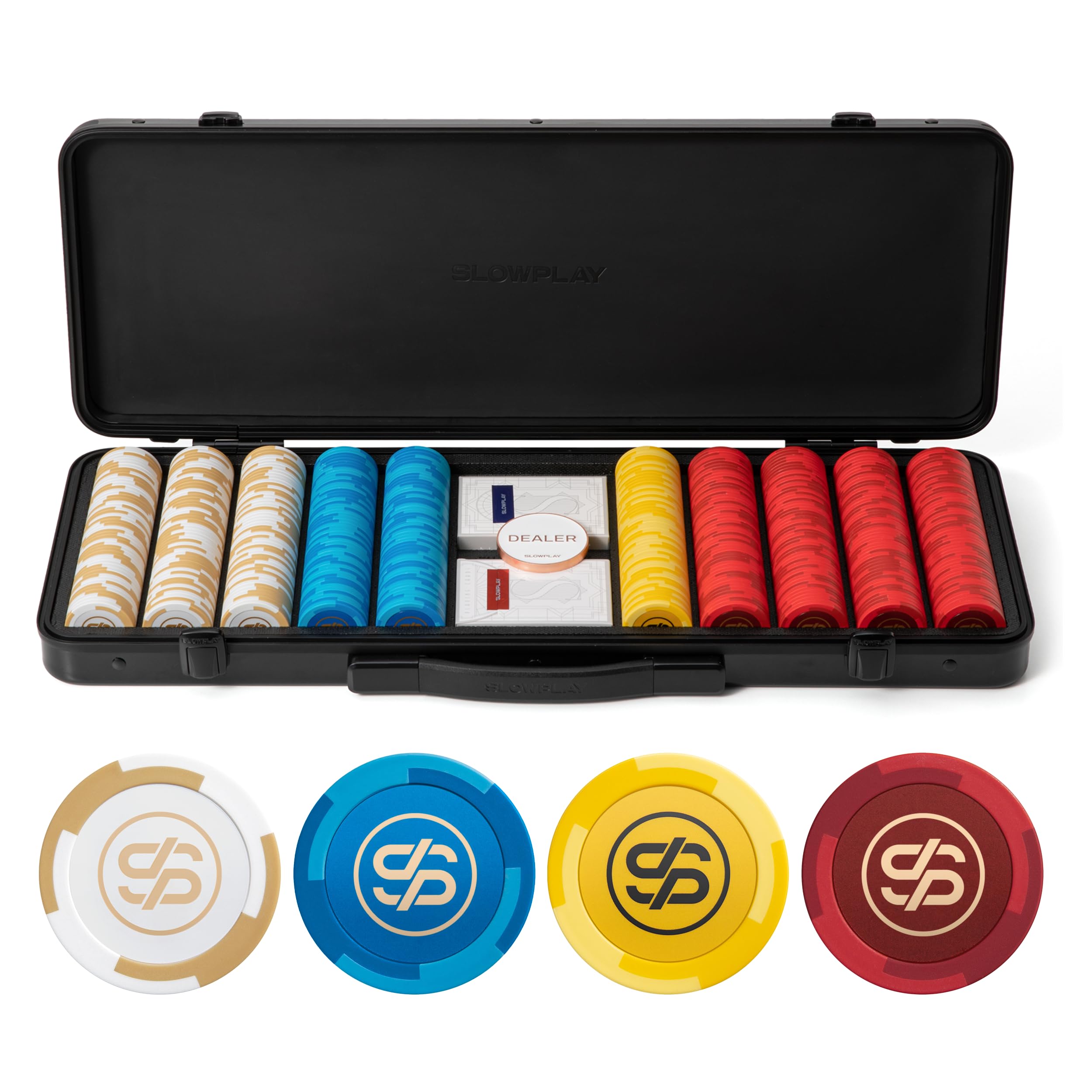 SLOWPLAY Godel 14g テキサスホールデム用クレイポーカーチップセット, 500枚 (無印) ドイツ製高耐久ポリカーボネートチップケース付き, ポーカー愛好者にピッタリのプレゼント