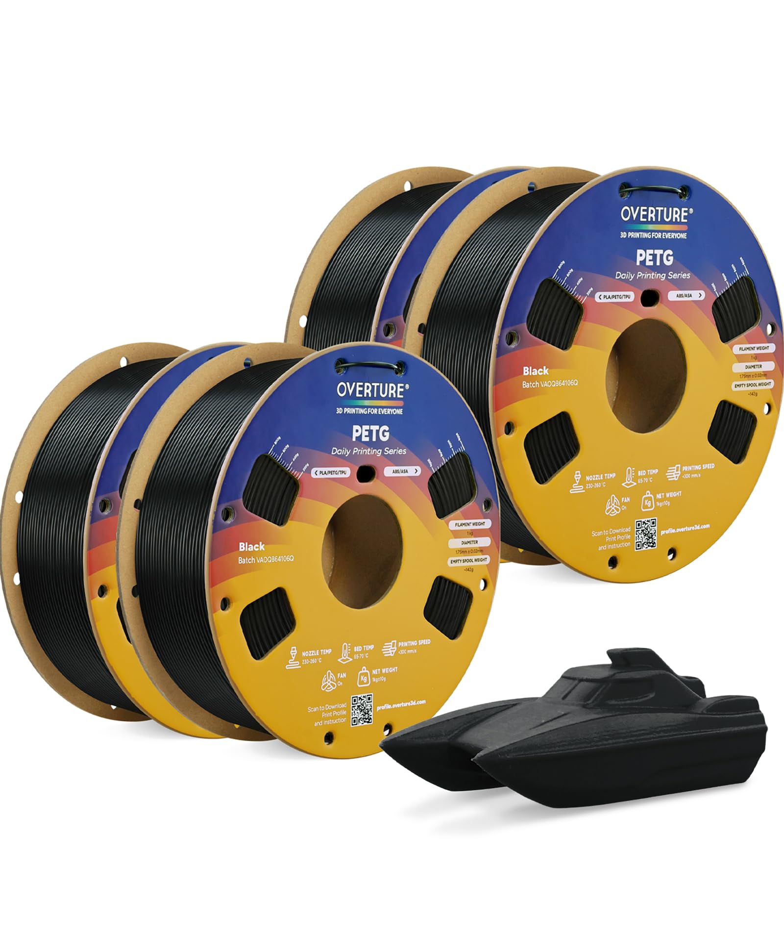 OVERTURE PETG フィラメント 1.75mm、3D プリンター フィラメント、4kg フィラメント (2.2 ポンド)、寸法精度確率 +/- 0.02 mm、ほとんどの FDM プリンターに適合 (Black 1kg* 4)