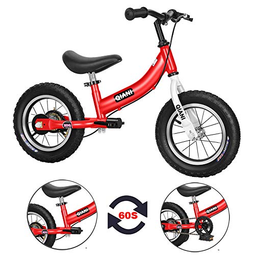 Qiani ペダルなし自転車 子供用自転車 キックバイク 2-in-1 12 14 16インチ 2～8歳の子供に適し、ペダルとハンドブレーキ付き (16インチ, 赤い)