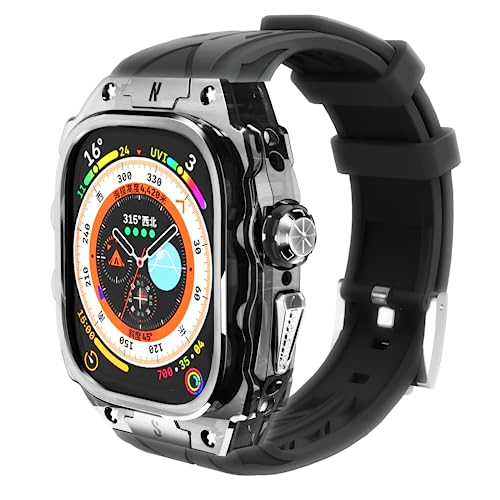 高級軽量透明ケース・疔用Apple Watch Ultra 1/2 49mmバンド カバー付き 高耐久 頑丈なケース シリコンストラップ 男性/女性用フル保護カバー (透明マット白) (明インク黒)