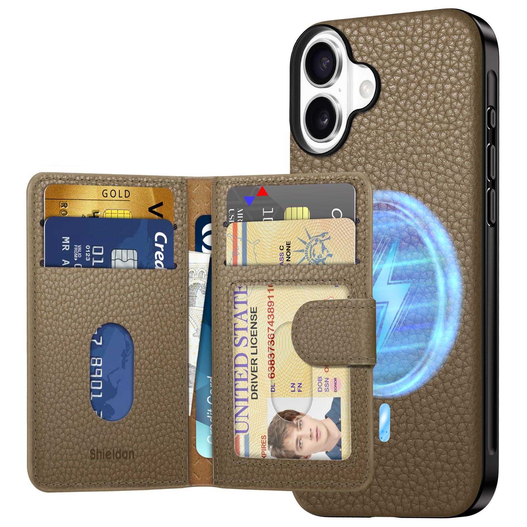 SHIELDON iPhone 16Plus対応 ケース 本革レザー 磁気吸着ウォレット 分離可 6枚カード収納 [RFIDブロッキング] 磁気充電可 ベーシックケース 背面保護 あいふぉん16プラス 対応ケース 滑り止め 軽量 指紋防止 カメラ保護 携帯