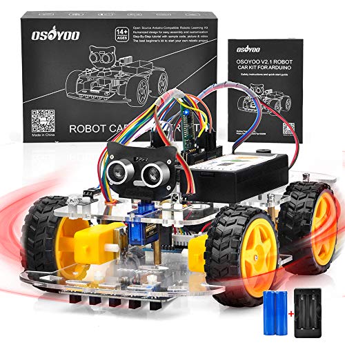 OSOYOO Arduino UNO 多機能 教育 ロボット カー V2.1 | STEM リモコン App 4WD構築、プログラミング、学習 のための 教育用 電動 ロボティクス コーディング 方法 | スターターキット 電子工作 | 電池 充電器 付