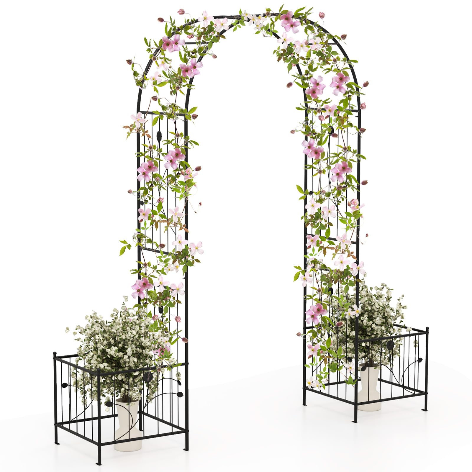 TANGKULA バラアーチ ガーデンアーチ アイアンアーチ ガーデニング用品 トレリス 幅203cm 奥行50cm 高さ218cm 結婚式 園芸 菜園 玄関 バラ つる 花立て おしゃれ 耐候性 多機能 組み立てやすい 立体構造 (鉢置き台付き)