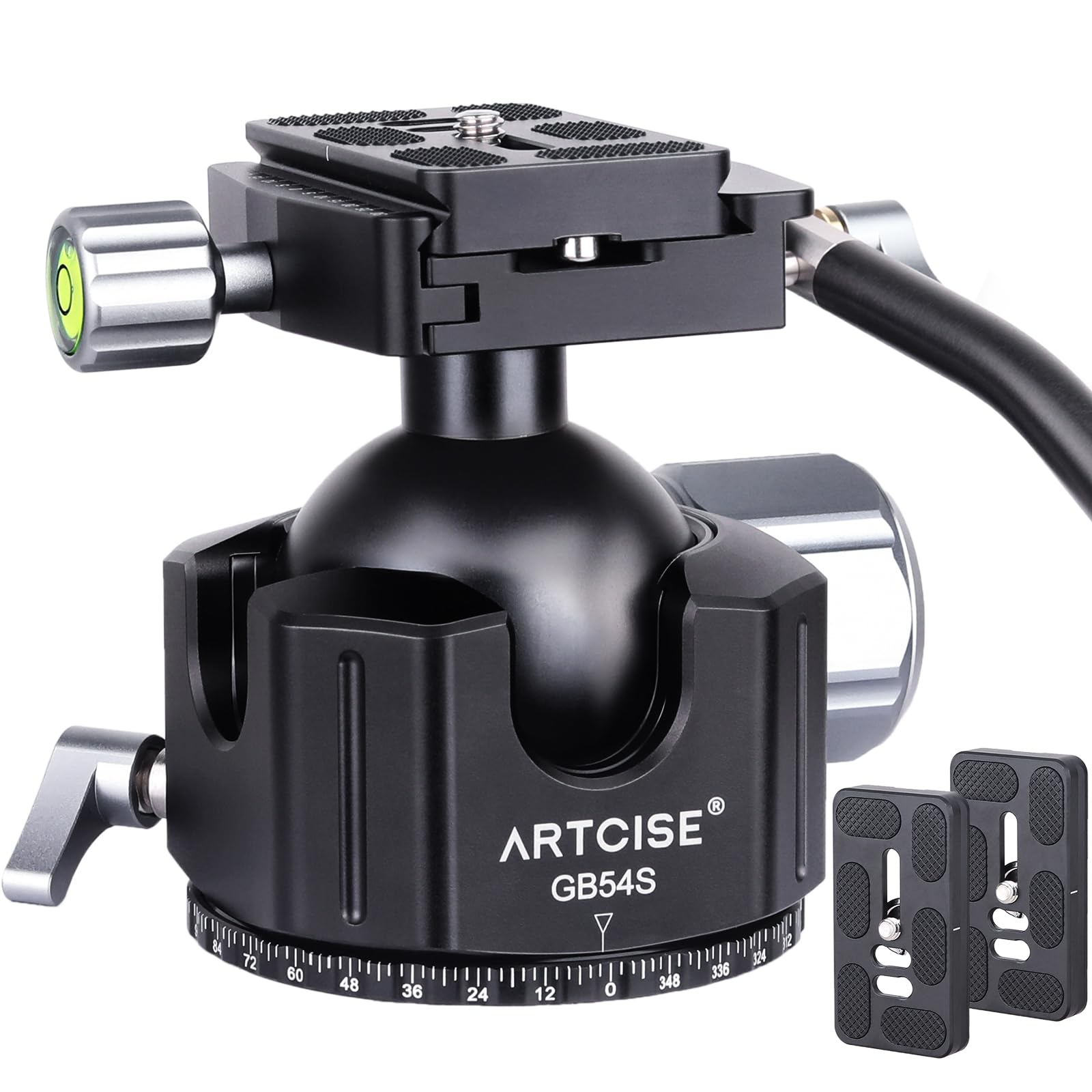 ARTCISE 54mm 低重心 ハンドル ボール雲台 CNC精密加工 アルミ 三脚ヘッド 360度回転 パノラマ 自由ビデオ雲台 二つの予備アルカスイス クイックシュー付き 一眼レフ DSLR カメラ用 最大耐荷重25キロ｜SelectSHOP 岐阜 店