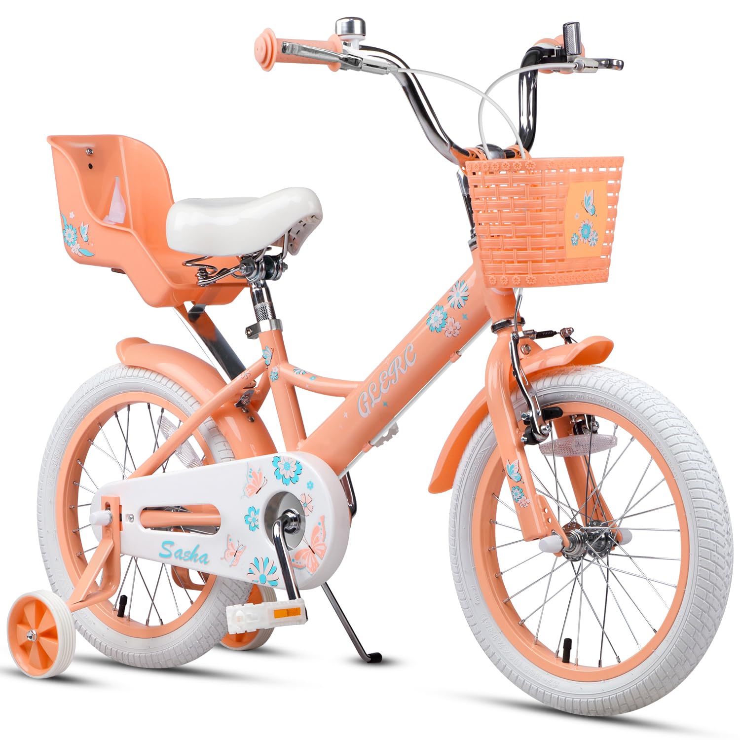 【Glerc】Sasha16インチ子供用自転車 可愛い蝶柄付き女の子人気 4歳5歳6歳7歳8歳9歳 幼児小学生乗り練習街乗り自転車 柔らかいサドル/前かご/補助輪/キックスタンド/泥除け/ぬいぐるみ座席人形シート 桃色ピンク｜SelectSHOP 岐阜 店