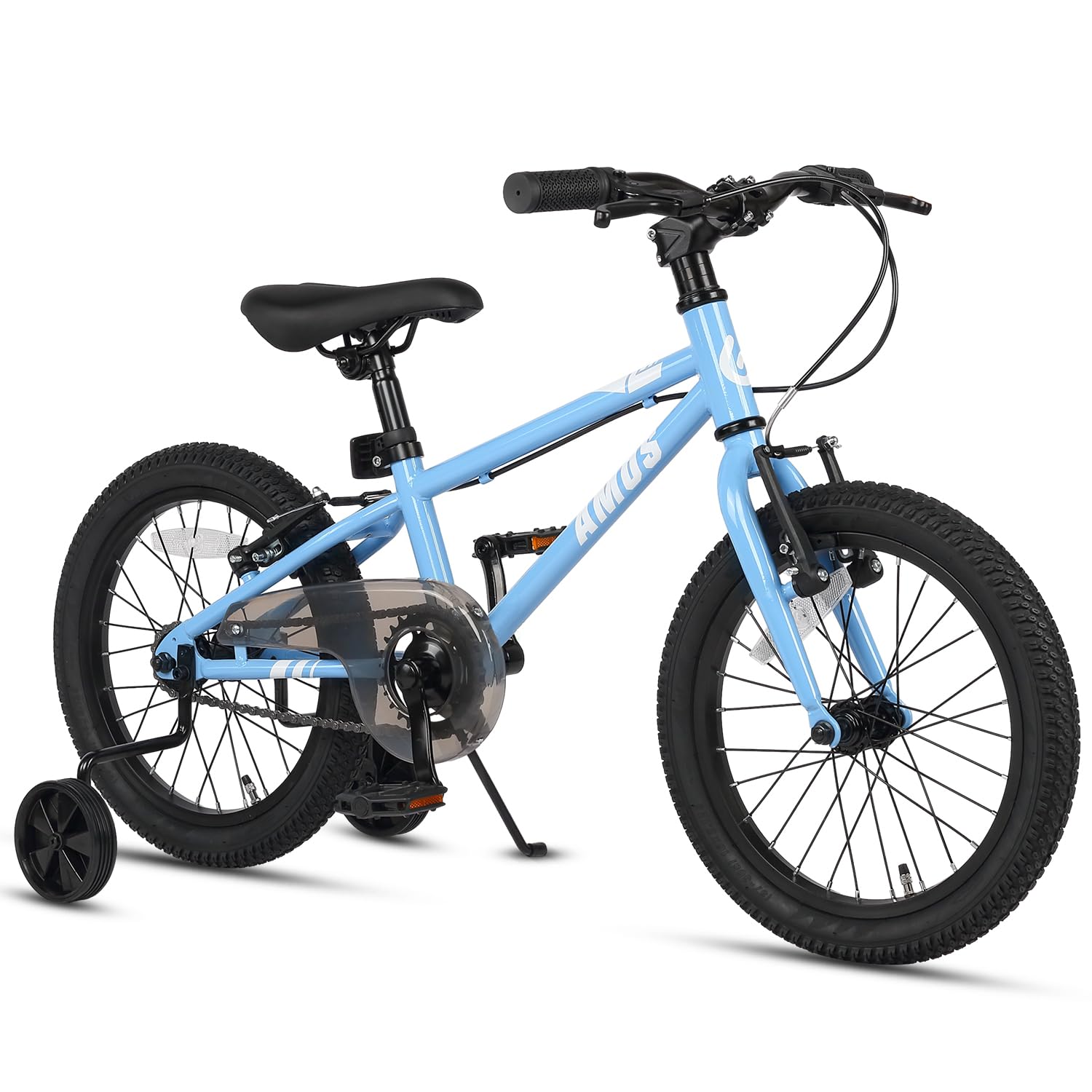 【Glerc（グレーク）】AMOS子供用マウンテンバイク自転車 こどもMTB16インチ 幼児小学生低学年男の子 4歳5歳6歳7歳 かっこいい 取り外し可能補助輪 キックスタンド ファットブロックタイヤ チェーンカバー 水色ライトブルー