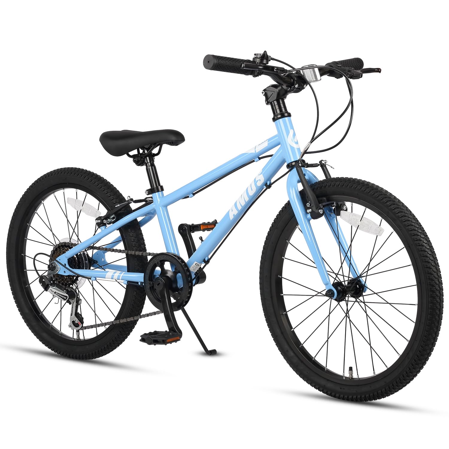 【Glerc(グレーク)】AMOS子供用マウンテンバイク自転車 こどもMTB20インチ 小学生低学年高学年男の子 7歳8歳9歳10歳 かっこいい キックスタンド フラットハンドル ファットブロックタイヤ チェーンカバー シマノ6段変速ギア 水色ライトブルー|SelectSHOP 岐阜 店