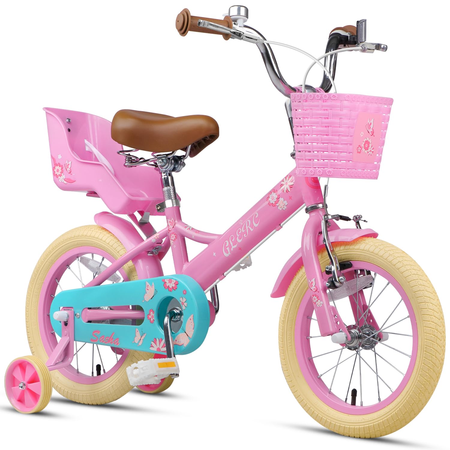 【Glerc】Sasha14インチ子供用自転車 可愛い蝶柄女の子人気 3歳4歳5歳6歳 幼児小学生低学年乗り練習街乗り 柔らかいサドル/前かご/補助輪/泥除け/ぬいぐるみ座席人形シート付き ピンク｜SelectSHOP 岐阜 店