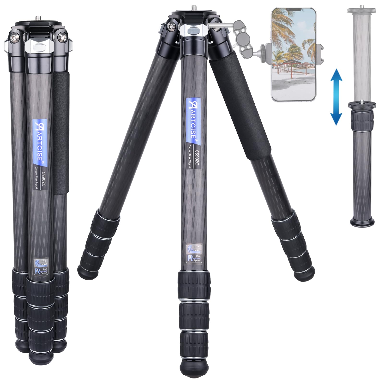 ARTCISE2024 40ｍｍ直径カーボンファイバー材質三脚 全高1930mm 超高耐荷重25kg以上 中心軸付き トラベル三脚 全高 5段 ナットロック式 収納バック付き 旅行用 (CS902C)