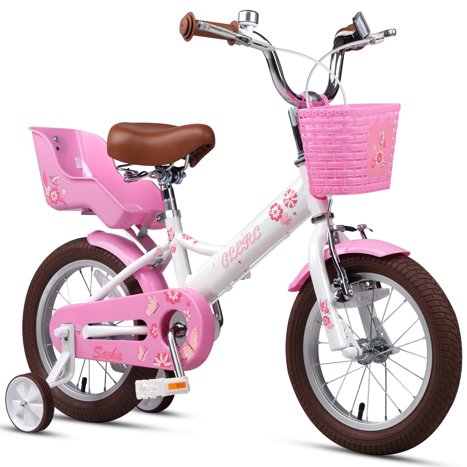【Glerc】Sasha14インチ子供用自転車 可愛い蝶柄女の子人気 3歳4歳5歳6歳 幼児小学生低学年乗り練習街乗り 柔らかいサドル/前かご/補助輪/泥除け/ぬいぐるみ座席人形シート付き ホワイト白